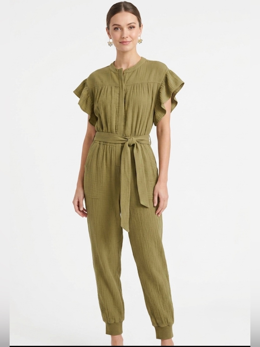 SAYLOR Olive Green Christina Cotton Gauze Flutter Sleeve Jumpsuit Belted M